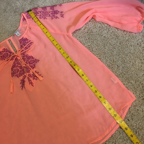 American Eagle Sheer Neon Orange Pink Bohemian Blouse - Picture 13 of 14